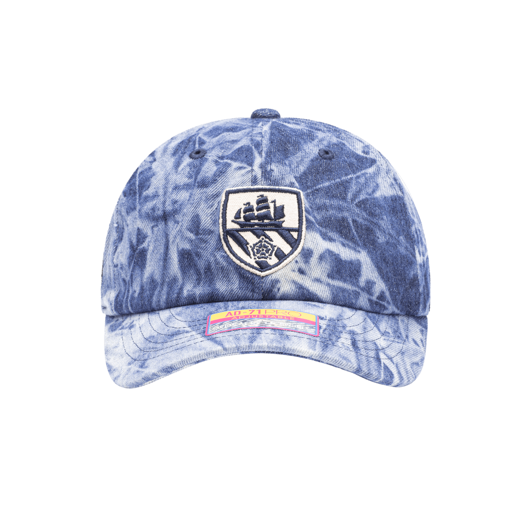 Manchester City Ranch Adjustable with high crown, curved peak brim, and adjustable buckle strap closure, in Denim Blue